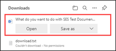 screen capture showing the Microsoft Edge Downloads choice dialog, allowing you to Open or Save the file.