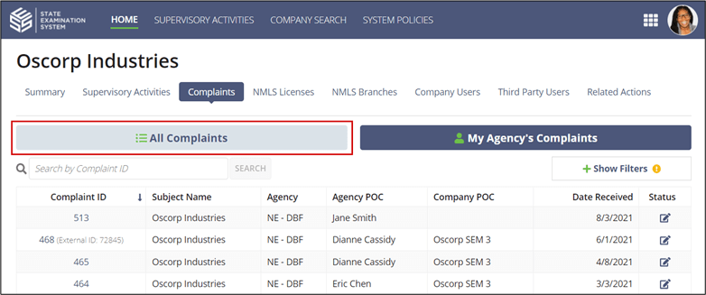 Complaints Tab of the Company Record Screen
