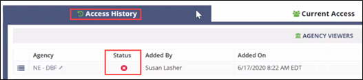 Status icon on the Access History tab indicating that access to the complaint has been removed