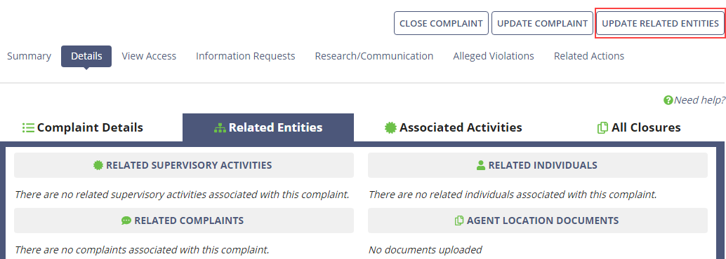 Update Related Entities command on the Complaint Record Details tab.