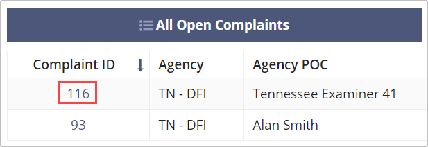 Complaint ID hyperlink in the All Open Complaints list