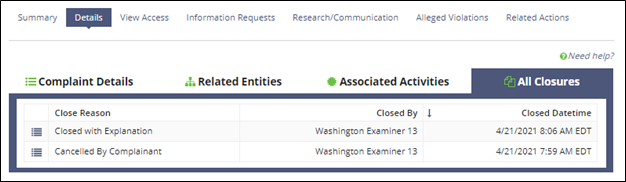 Complaints menu Details tab showing All Closures tab
