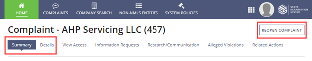 Complaints menu, summary tab, showing Reopen Complaint command