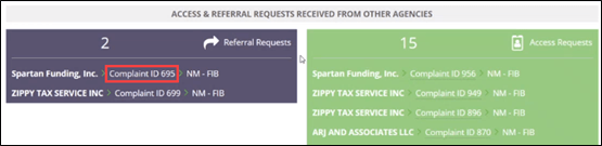 Complaints Homepage showing List of Referred Complaints