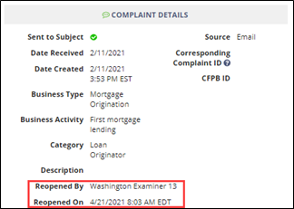 Complaint Details tab, shwoing reopened complaint information