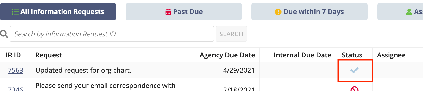 List of Complaint IRs, showing a status of "Sent to Agency"