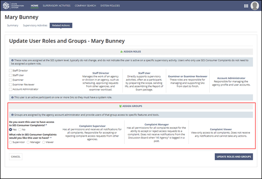 The Update User Roals and Groups page