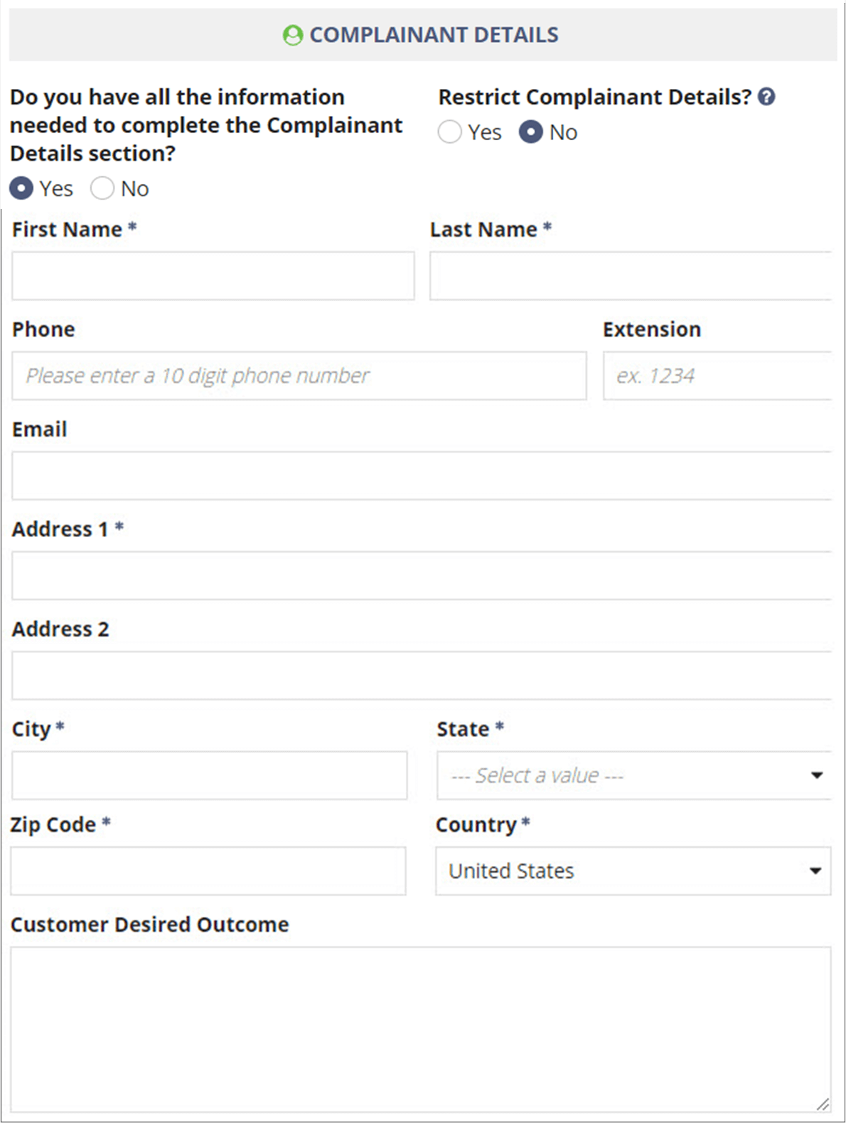 screen capture showing Example of Complainant Details