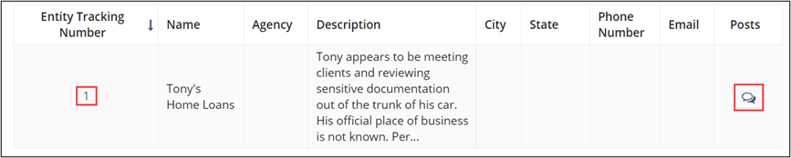 Hyperlink for the Entity Tracking number. Click to open the entity.