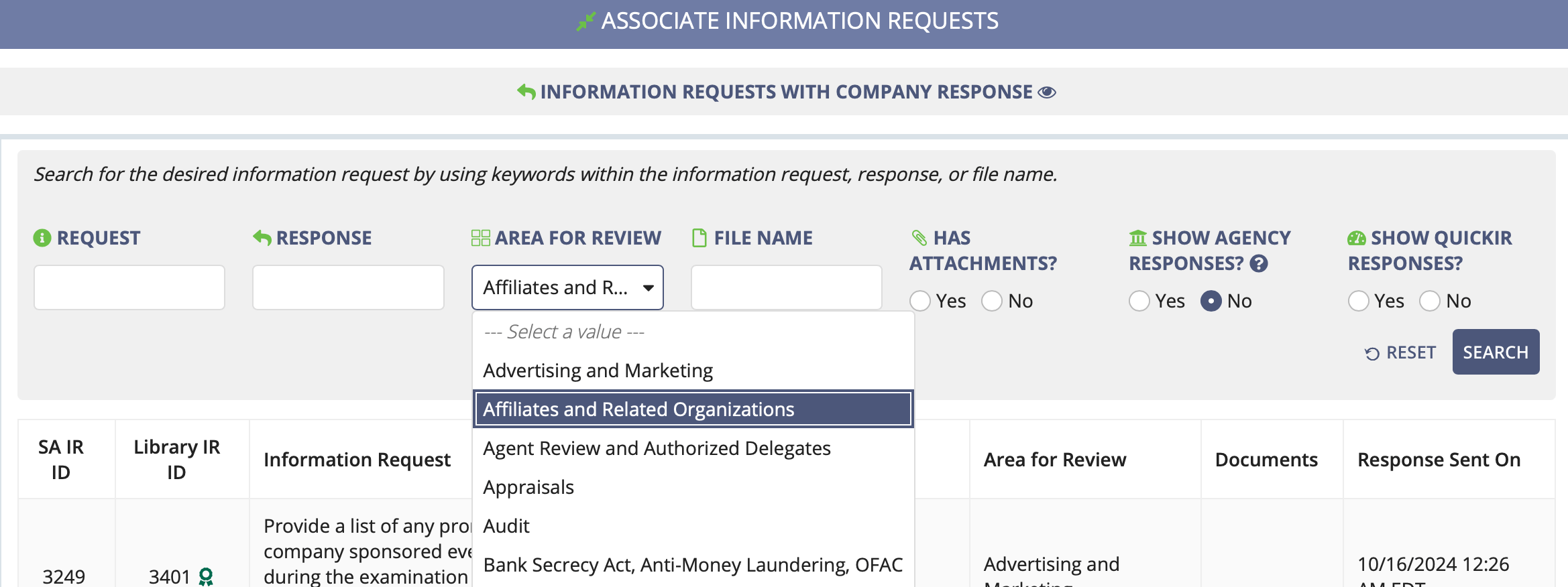 Use the Area For Review list to search for IRs associated with this or another AFR, then click Search.