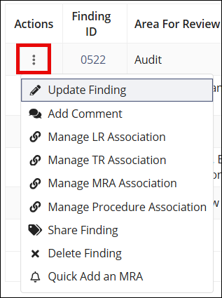 Findings actions menu