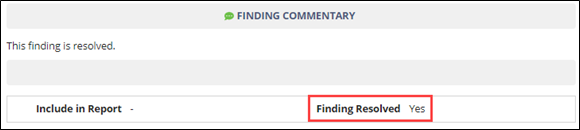 Finding Commentary section of the page, showing that the Finding is resolved.