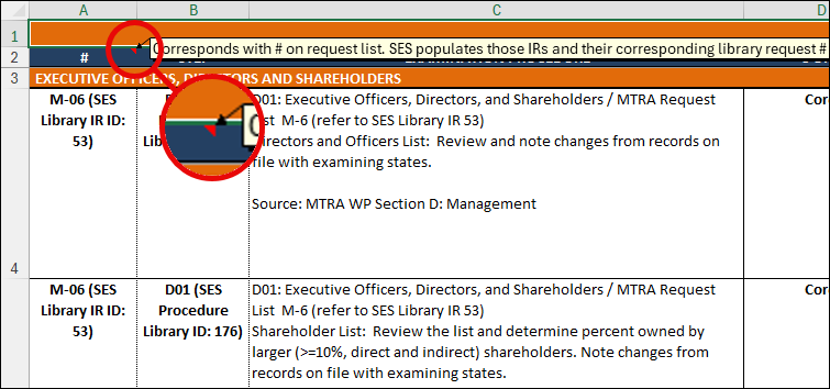Screenshot of the MTRA workbook with the comment indicator in the header row called out.