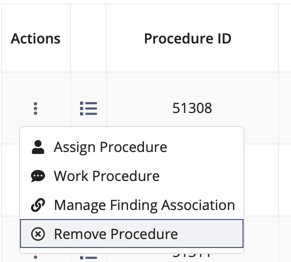 Actions menu on the Procedures tab