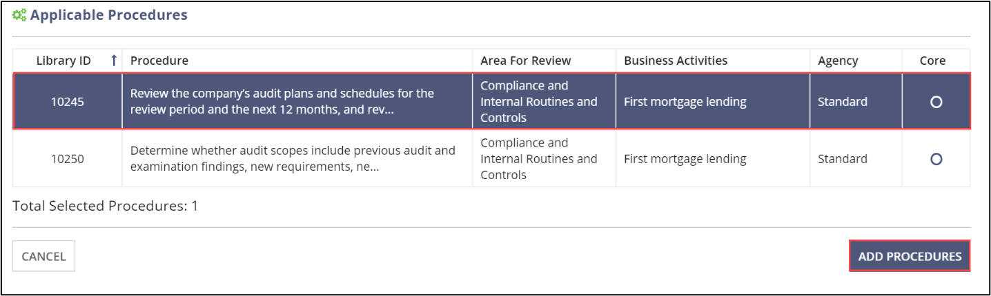 Applicable Procedures Screen, showing the Add Procedures button at bottom right