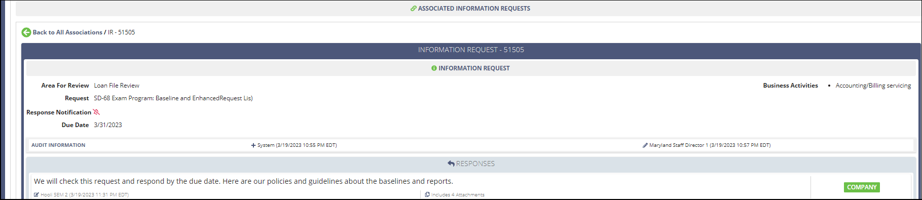Screen capture showing associated information requests