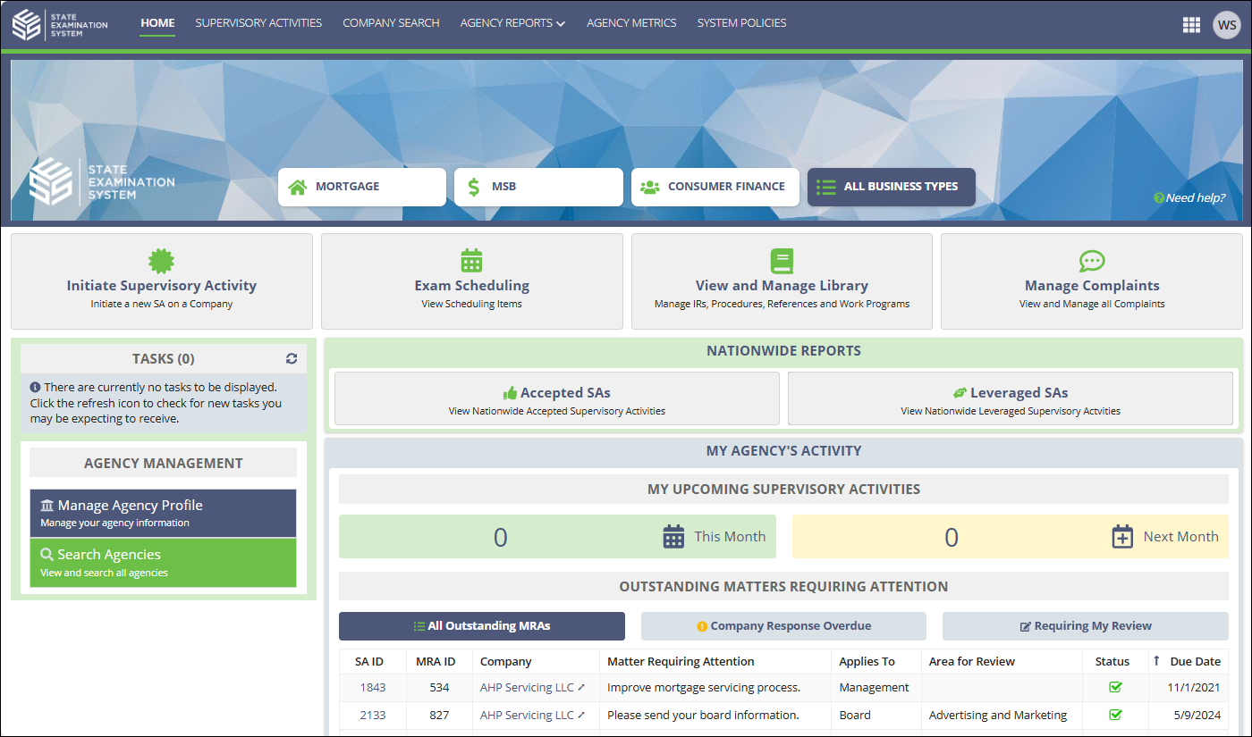 SES Home Page for a Staff User with Complaints Permission