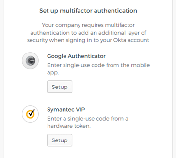 Multifactor Authentication option: Google Authenticate or Symantec VIP