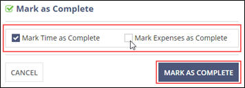The checkboxes for marking time or expenses as complete