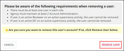 Click the remove user button in the Warning message