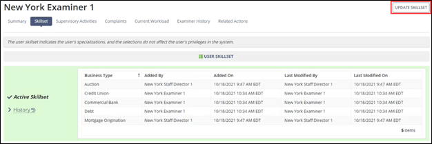 At the upper right corner of the user information display is the Update Skillset button.
