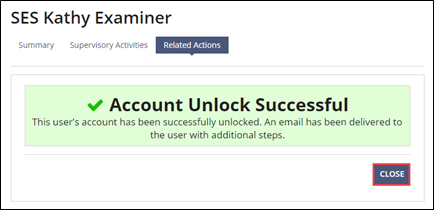 Click close in the Account Unlock Successful message