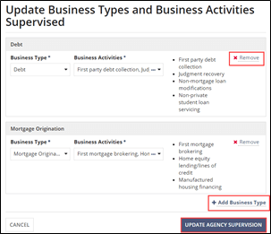 The Update Business Types and Business Activities Supervised screen