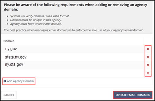 Update Email domains button on the Email Domains screen