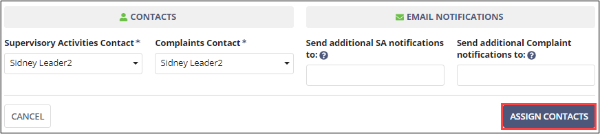 Complaints Contact list and Assign Contacts button