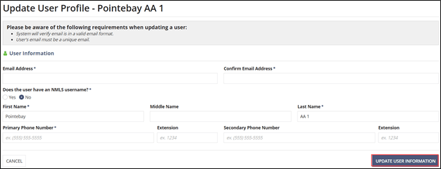 User Information pane