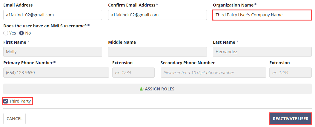 Reactivate third party user