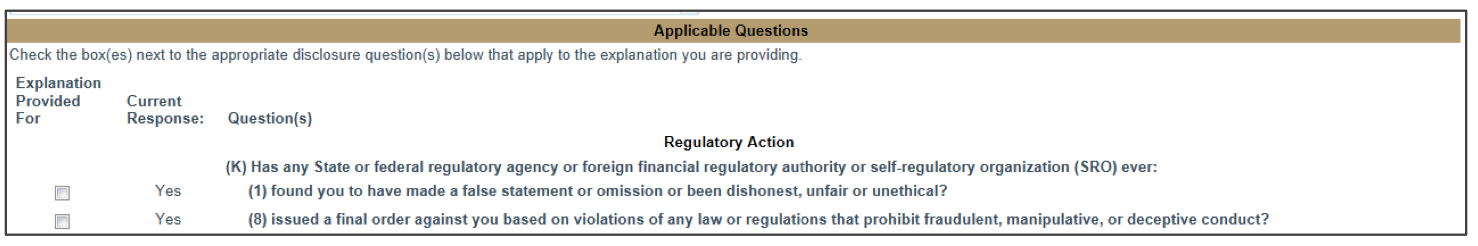 Applicable Questions screen