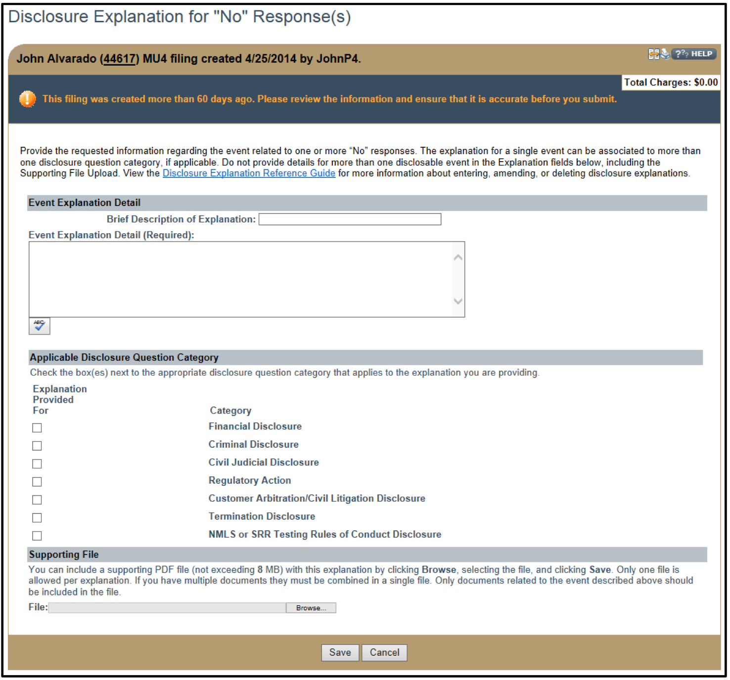 Disclosure Explanations for No Responses screen