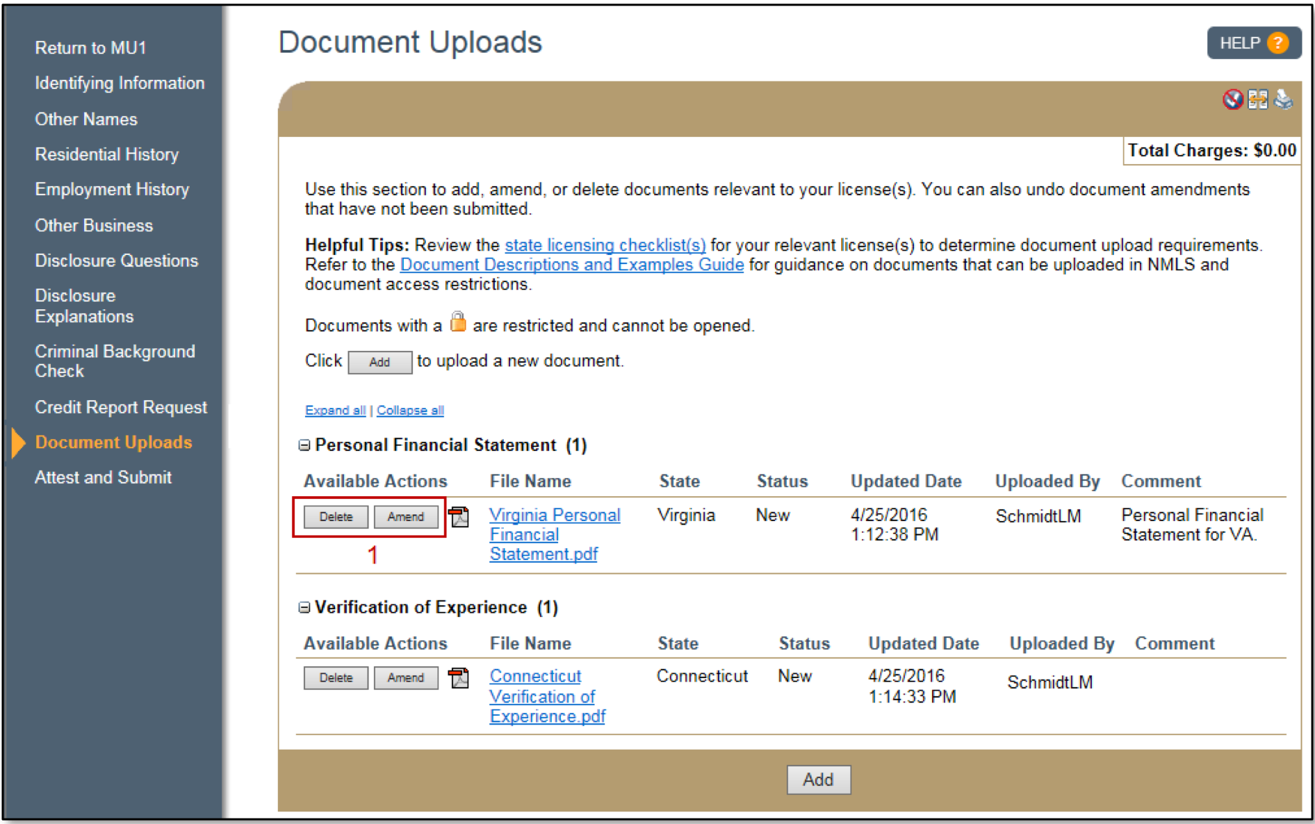 Document Uploads screen, showing Amend and Delete buttons