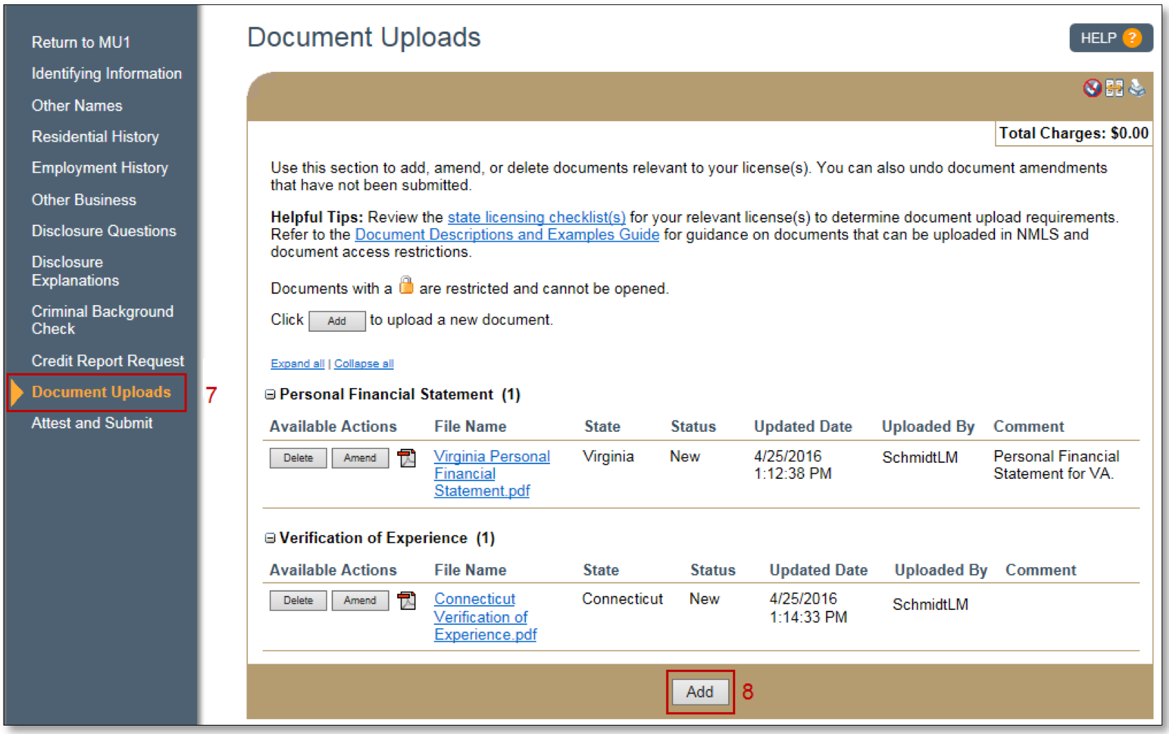 Document Uploads screen for individual MU forms