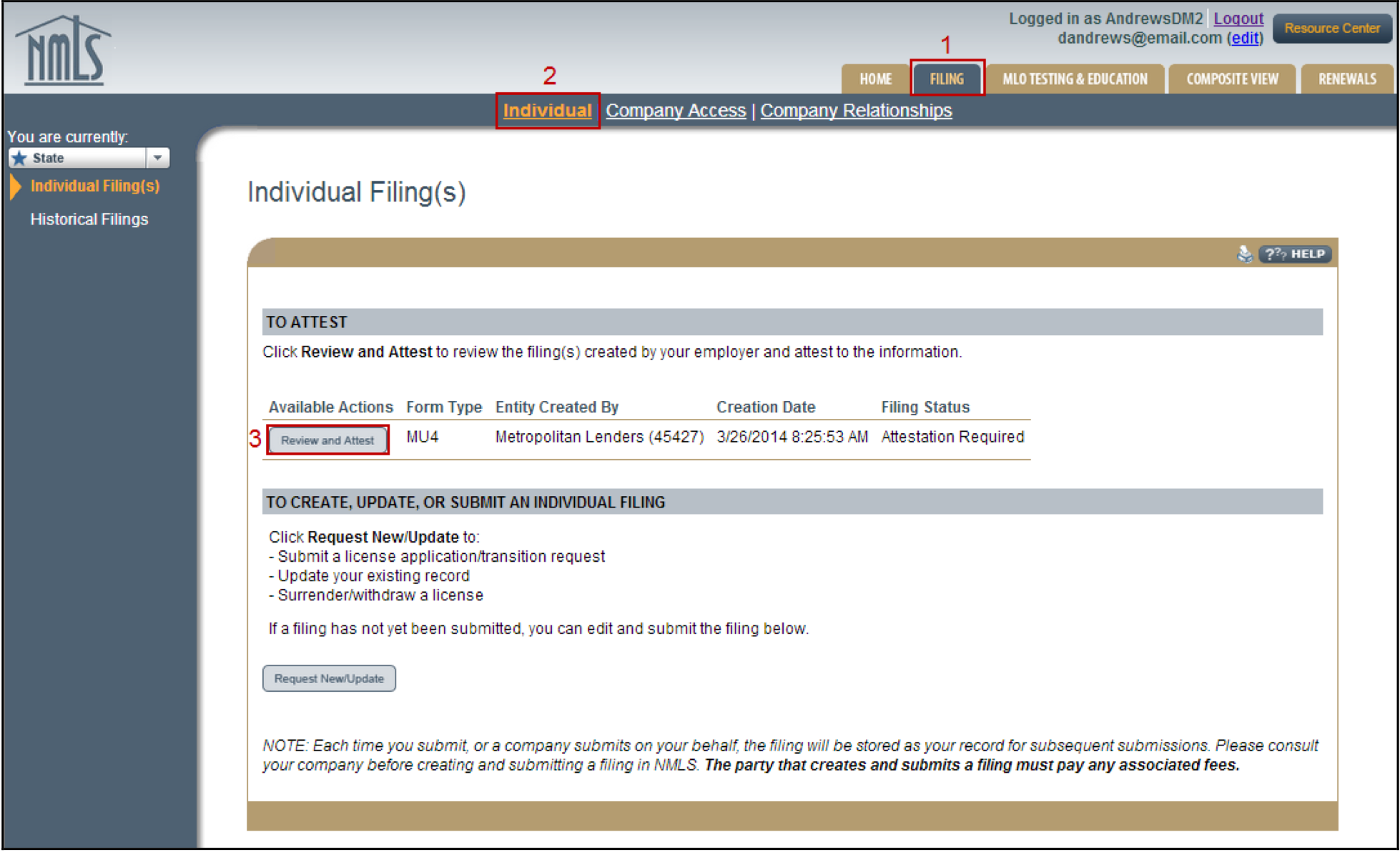 Individual Filings screen, showing Review and Attest button
